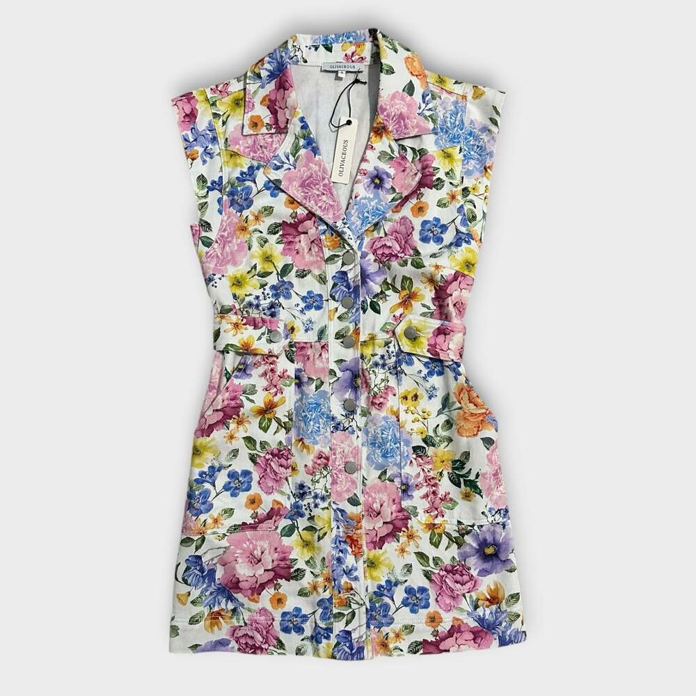 Olivaceous Floral Print Sleeveless Button-Down Denim Dress Size S